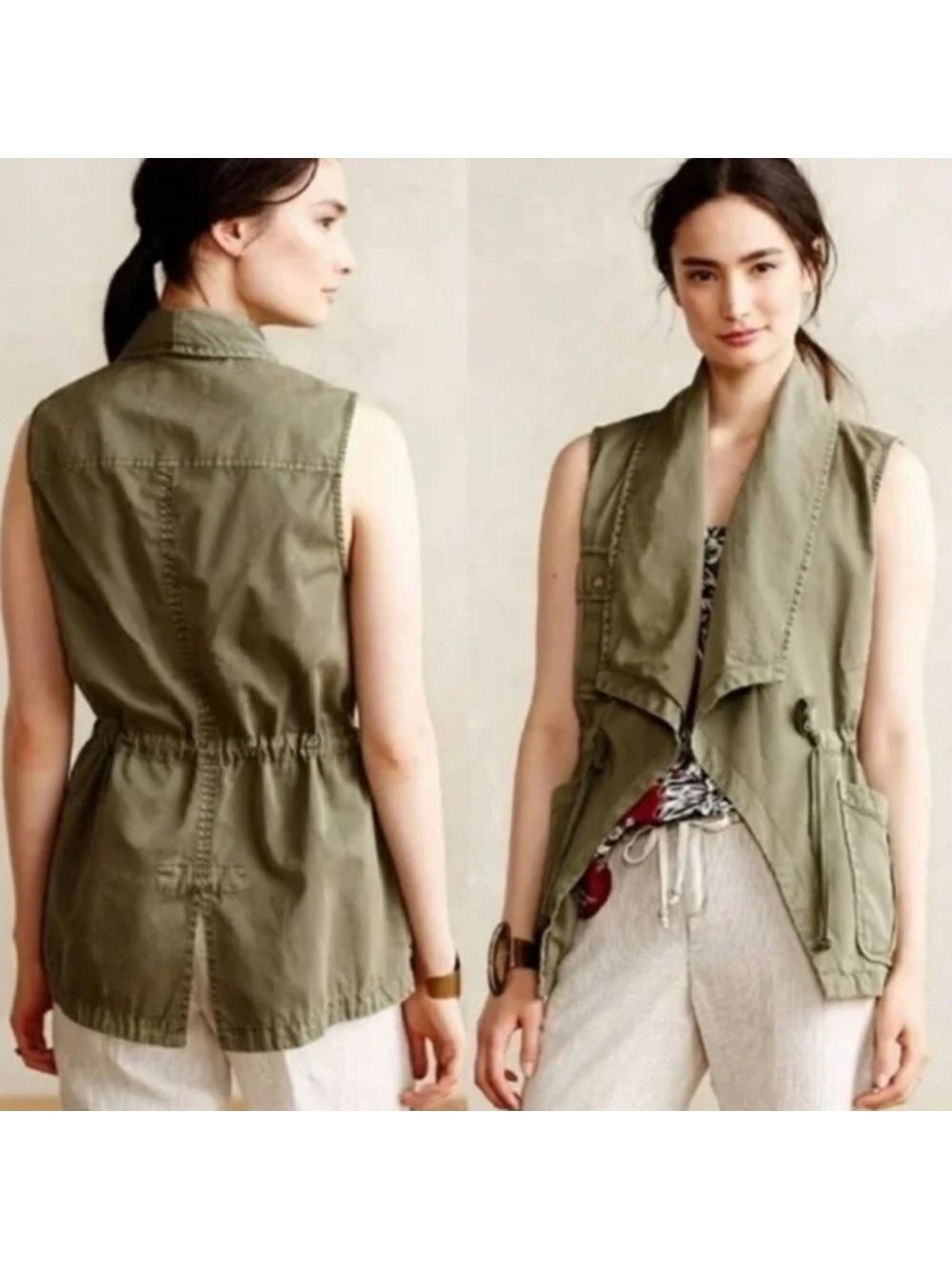 Sanctuary Olive Green Linen Blend Day Trip Open Drape Front Vest/Jacket Small